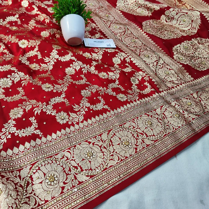 Red Moglai Jaal Stone Work Katan Banarasi Saree