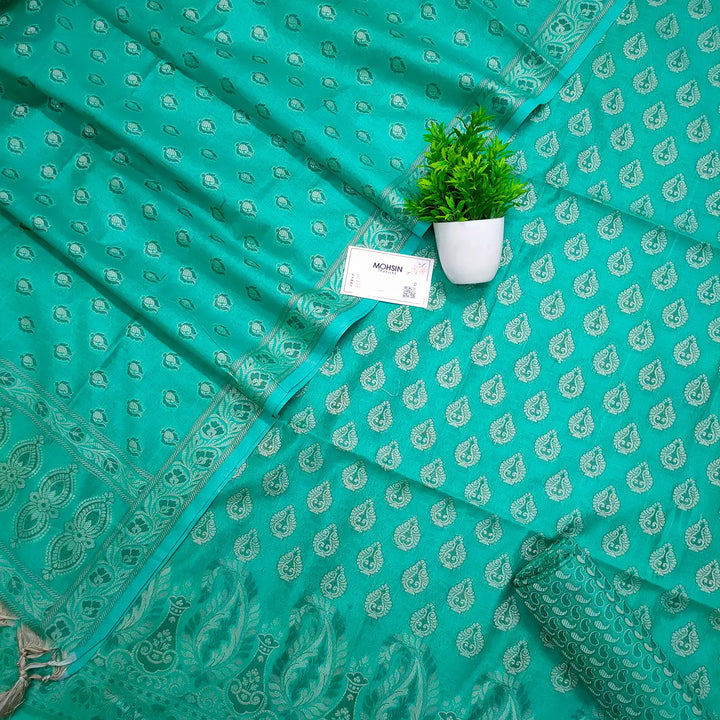 Sea Green Surahi Buti Cotton Silk Banarasi Suit