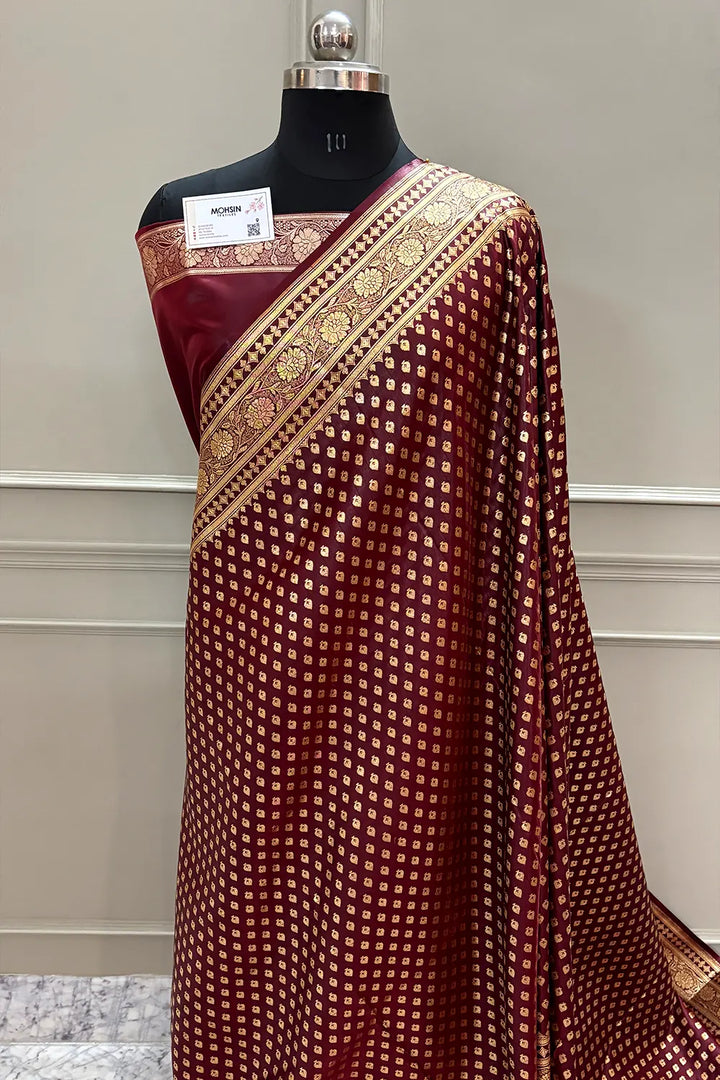 Wine Golden Paan Katan Silk Banarasi Saree