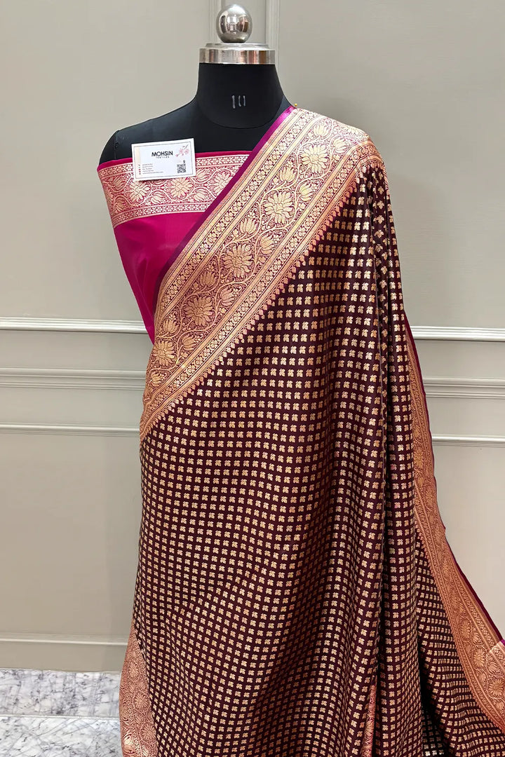 Wine and Pink Chidi Buti Katan Silk Banarasi Saree