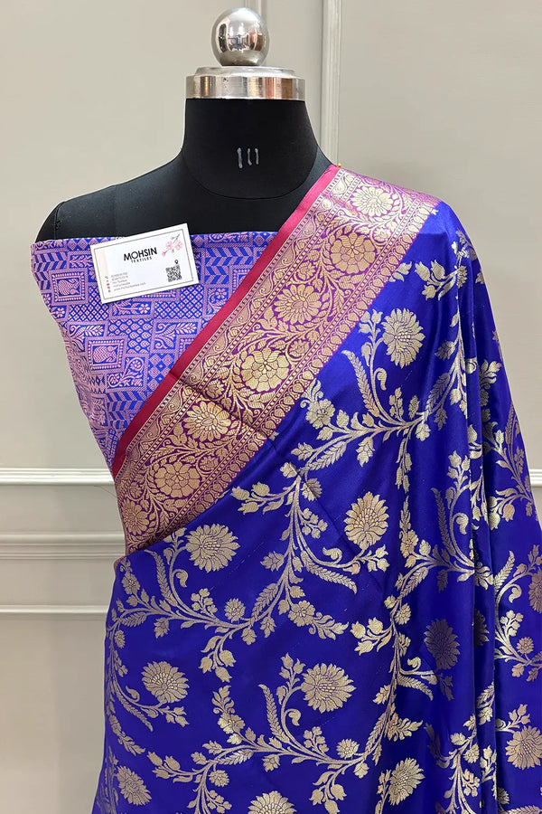 Auda and Royal Blue Morpankhi Jaal Satin Silk Banarasi Saree