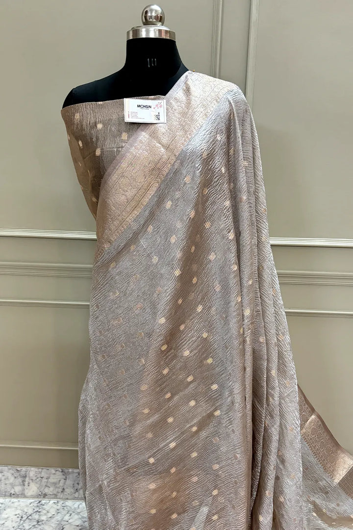 Beige Dollar Buti Crush Tissue Silk Banarasi Saree