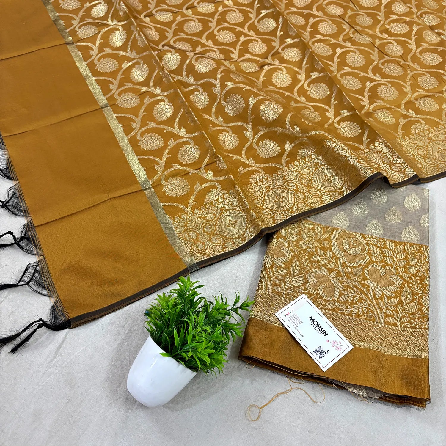 Beige and Mustard Gulkan Buti Satin Silk Banarasi Suit