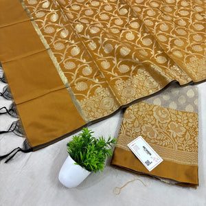 Beige and Mustard Gulkan Buti Satin Silk Banarasi Suit