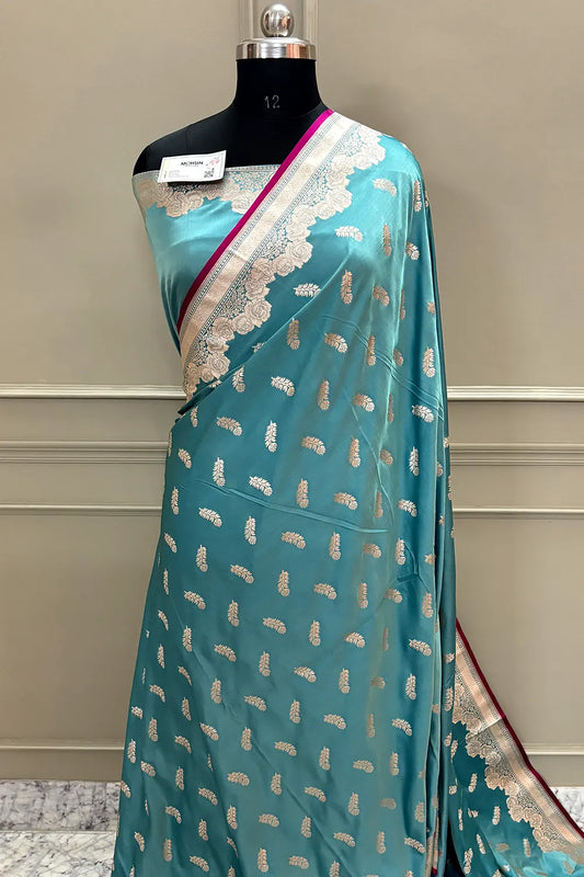Firozi Kanak Buti Katan Silk Banarasi Saree