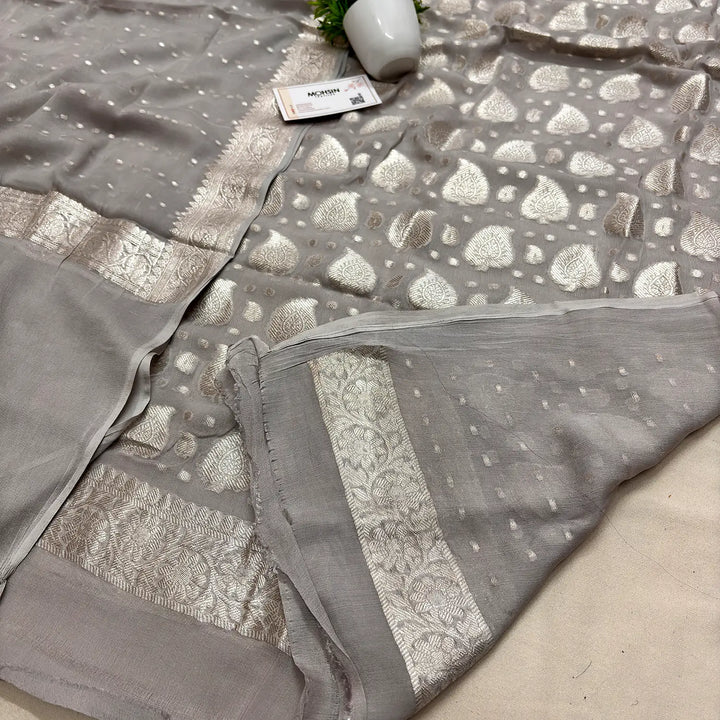 Grey Patta Handloom Georgette Silk Banarasi Suit