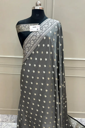 Grey and Black Ghonga Buti Katan Silk Banarasi Saree