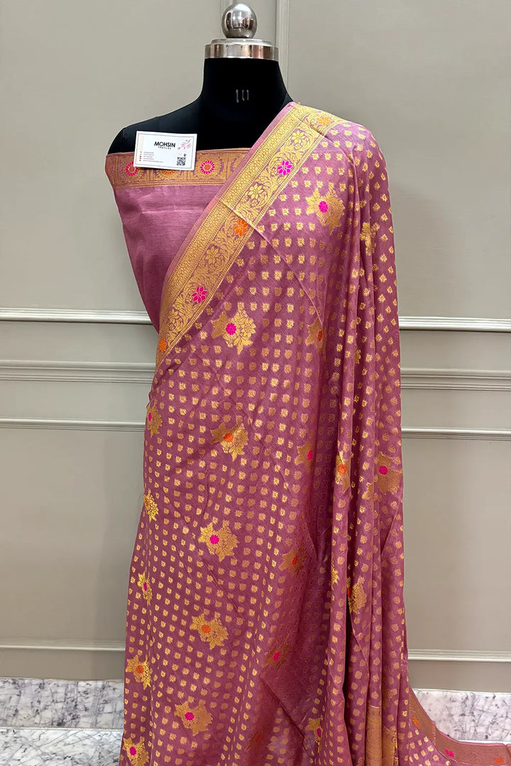 Lavender Golden Zari Dola Silk Banarasi Saree