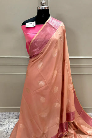 Light Peach and Pink Golden Zari Banarasi Silk Saree