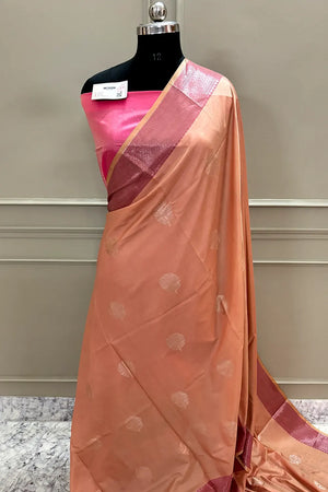Light Peach and Pink Golden Zari Banarasi Silk Saree