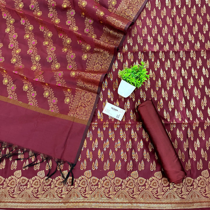 Maroon Kadi Patti Satin Silk Banarasi Suit