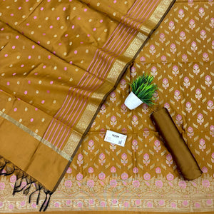 Mustard Golden Zari Satin Silk Banarasi Suit