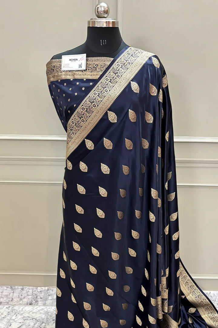 Navy Blue Badami Buta Katan Silk Banarasi Saree