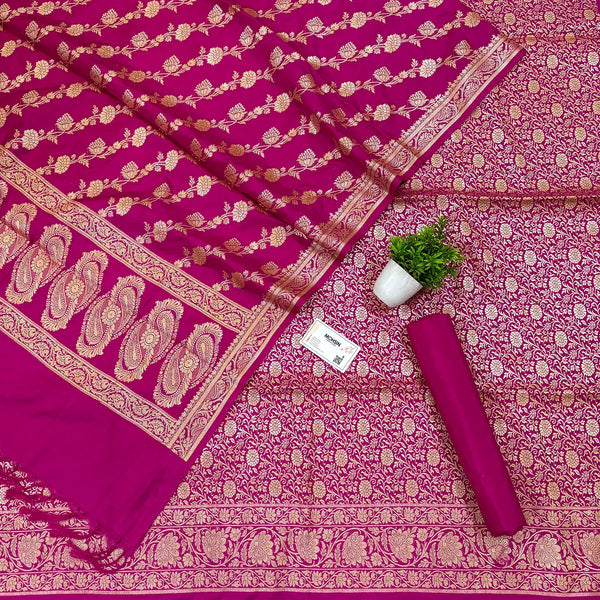 Pink Golden Zari Katan Silk Banarasi Suit