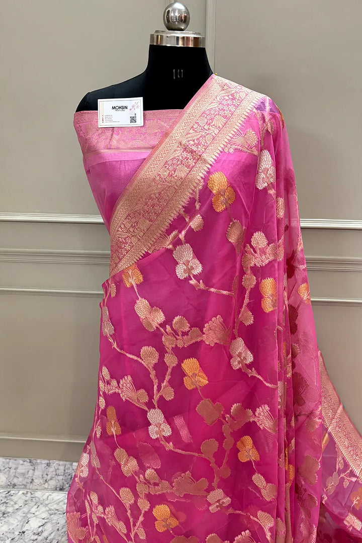 Pink Golden Zari Organza Silk Banarasi Saree