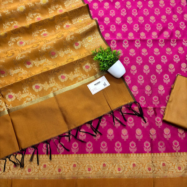 Pink and Mustard Contrass Satin Silk Banarasi Suit