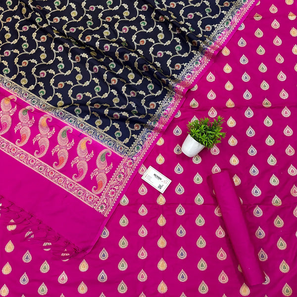 Pink and Navy Blue Golden Zari Katan Silk Banarasi Suit