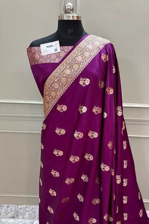 Purple Golden Flower Katan Silk Banarasi Saree