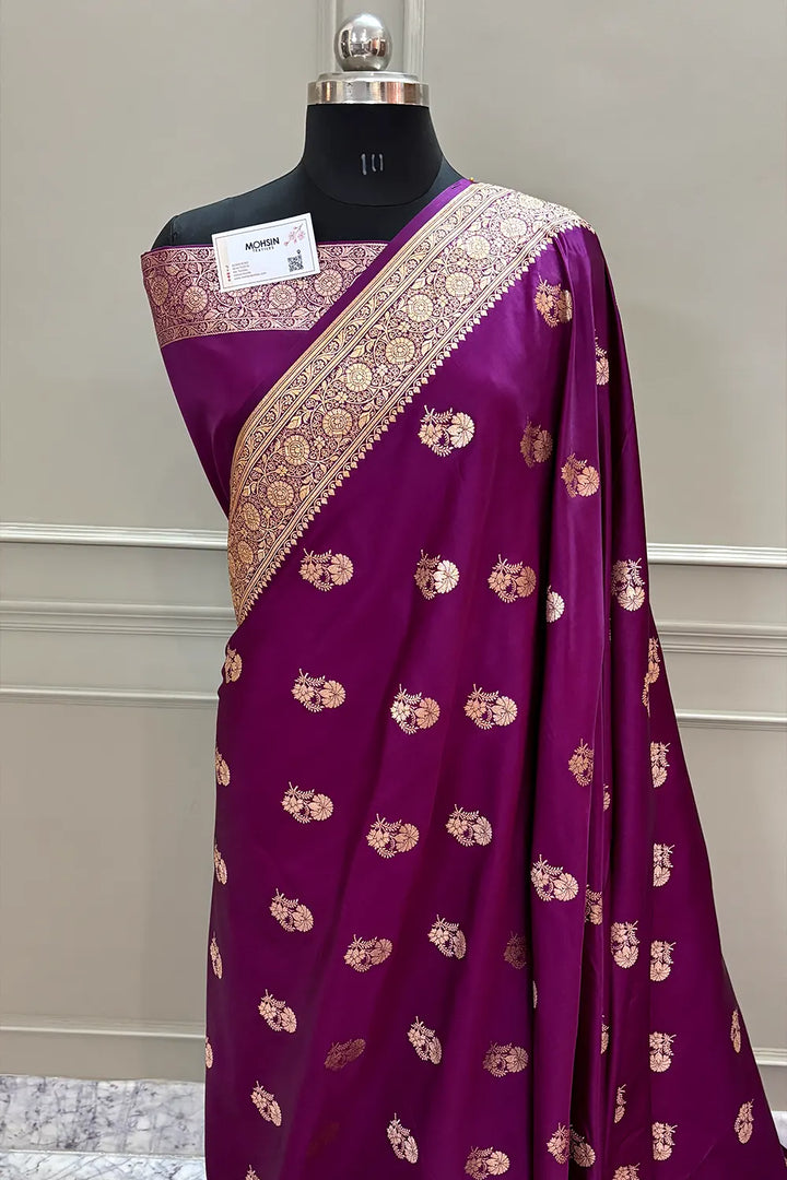 Purple Golden Flower Katan Silk Banarasi Saree