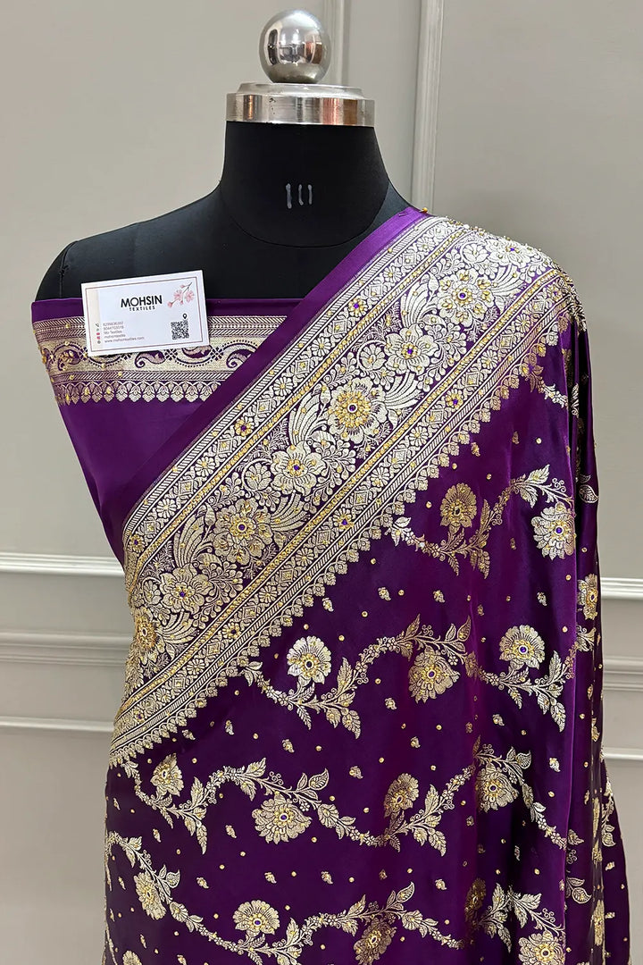 Purple Tirchi Daal Stone Work Katan Silk Banarasi Saree