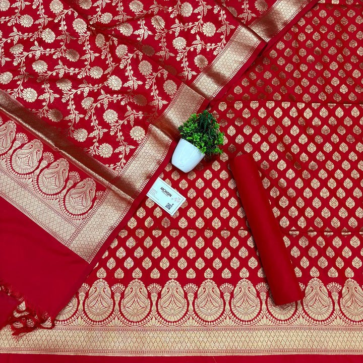 Red Gumbad Buti Katan Silk Banarasi Suit