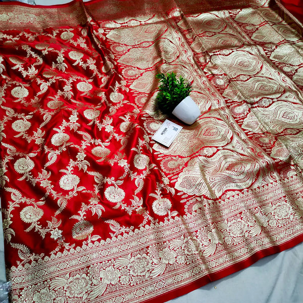 Red Shahanshahi Jaal Katan Silk Banarasi Saree