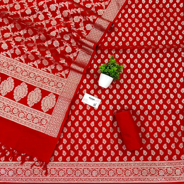 Red Tedhi Patti Katan Silk Banarasi Suit