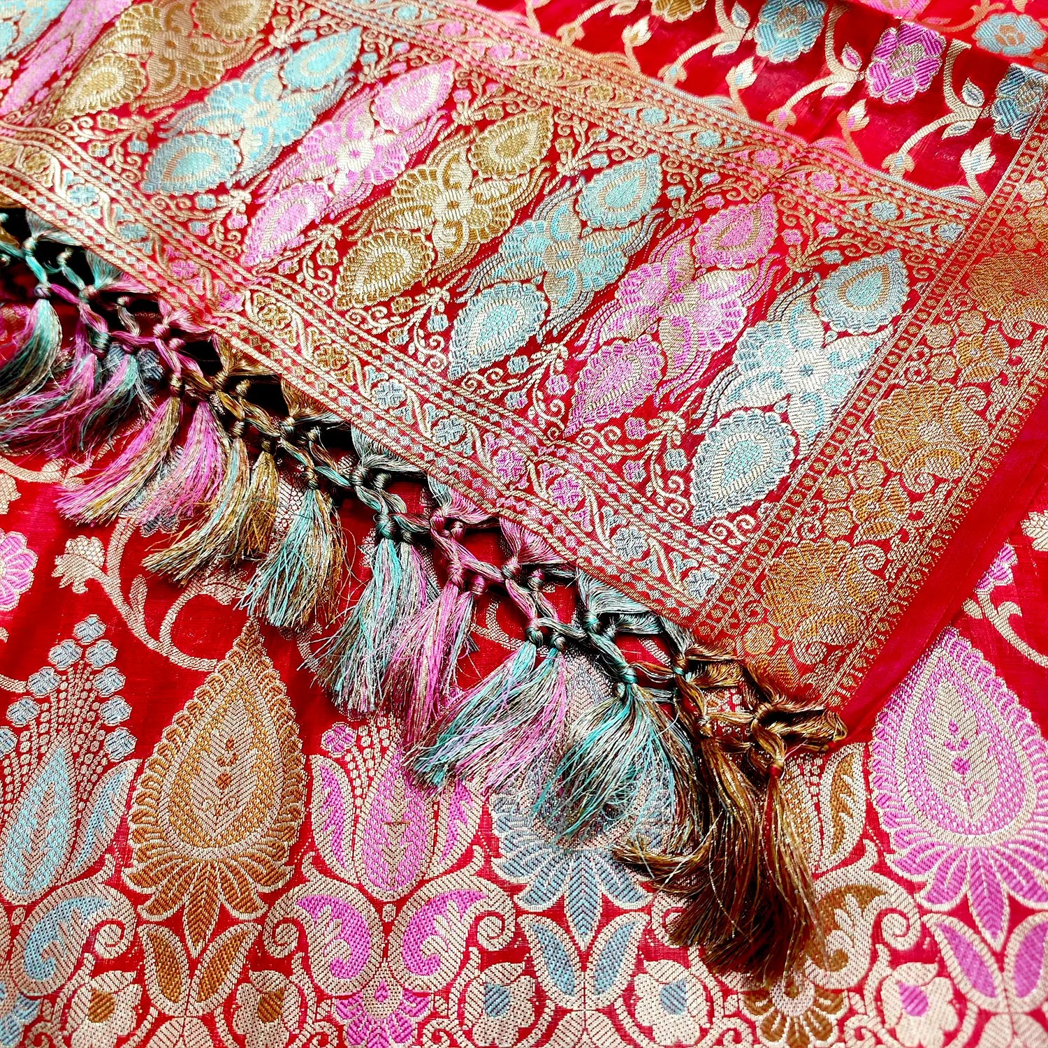 Red Tilfi Meenakari Satin Silk Banarasi Suit