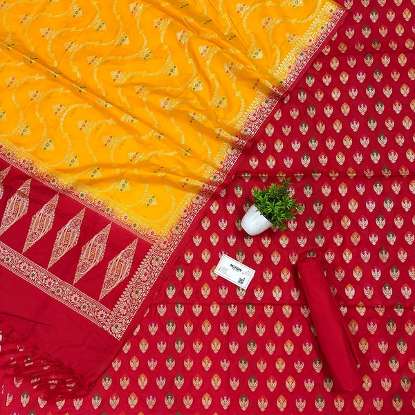 Red and Yellow Golden Zari Katan Silk Banarasi Suit