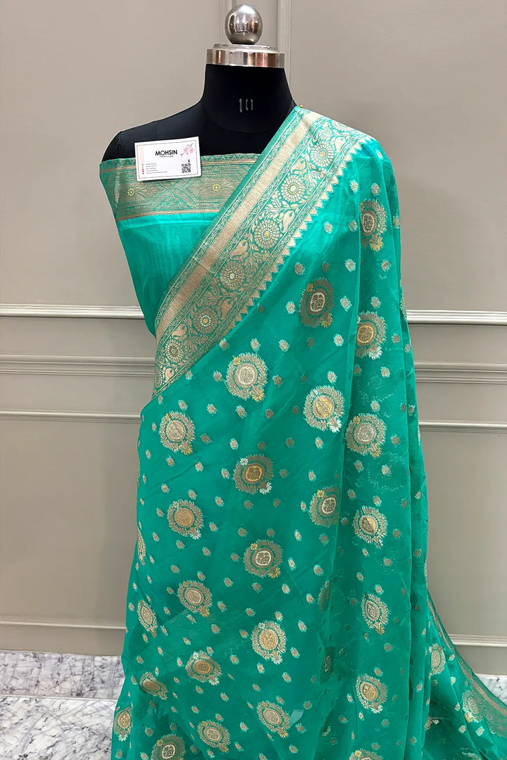 Sea Green Golden Zari Organza Silk Banarasi Saree