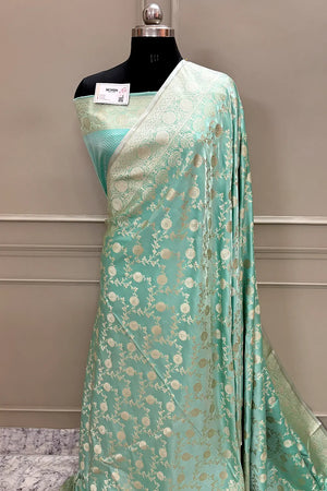Sea Green Surajmukhi Jaal Katan Silk Banarasi Saree