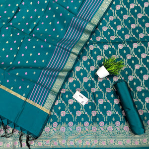 Teal Golden Zari Satin Silk Banarasi Suit
