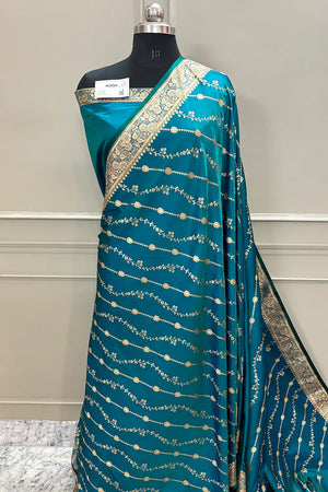 Teal Sunehri Lehar Katan Silk Banarasi Saree