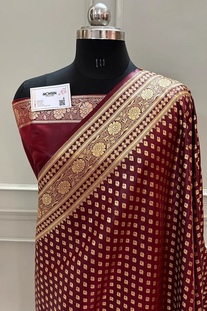 Wine Golden Paan Katan Silk Banarasi Saree