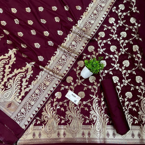 Wine Golden Zari Katan Silk Banarasi Suit