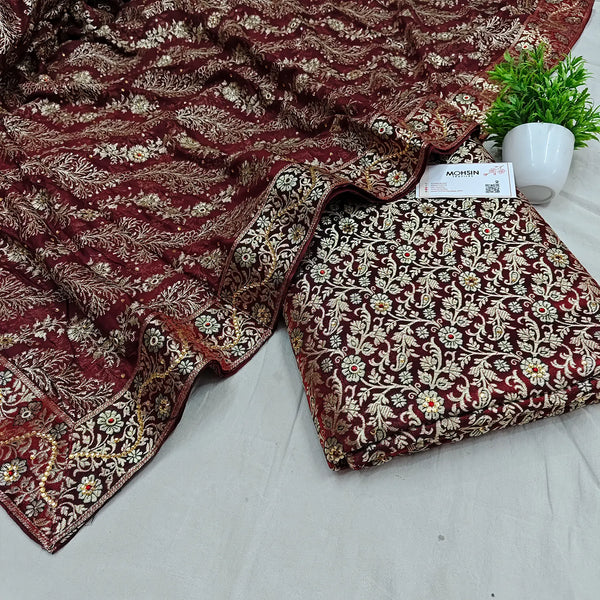 Wine Stone Work Kimkhab Silk Banarasi Gharara