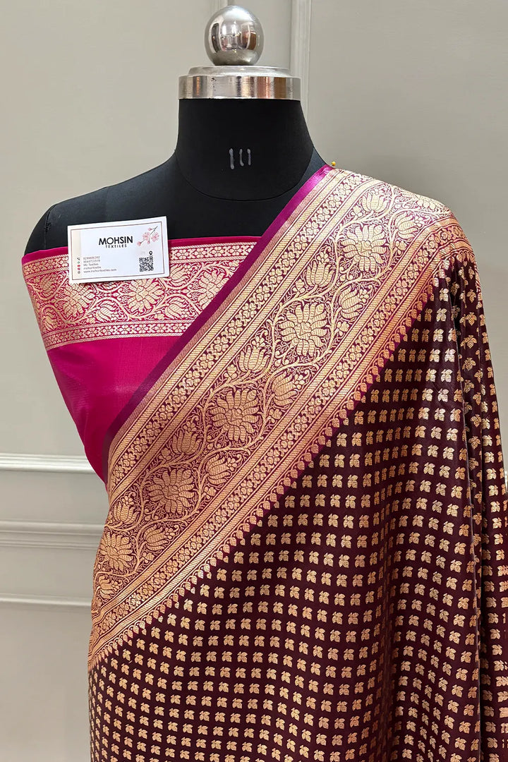 Wine and Pink Chidi Buti Katan Silk Banarasi Saree