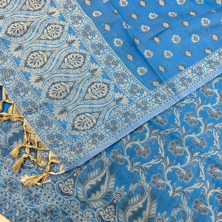 Dark Firozi Surahi Jaal Cotton Silk Banarasi Suit