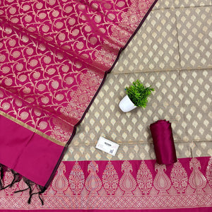 Beige and Pink Kalgha Patta Banarasi Silk Suit