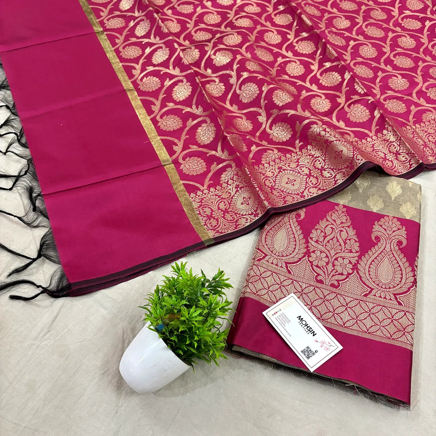 Beige and Pink Kalgha Patta Banarasi Silk Suit