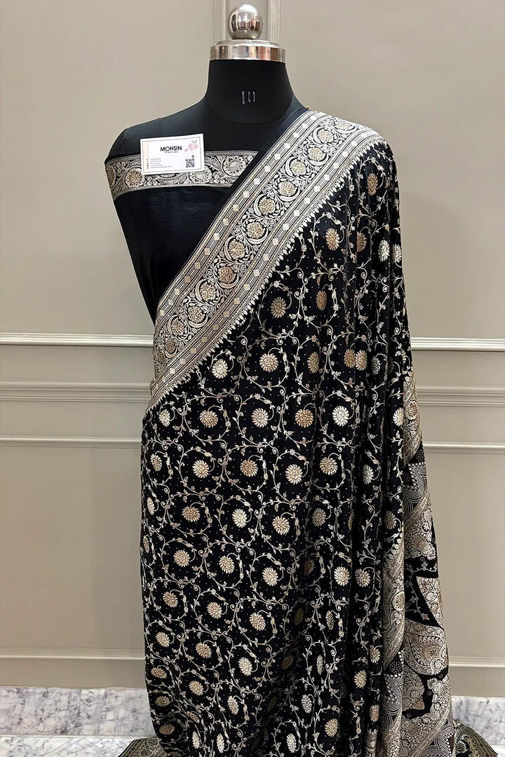 Black Murerwa Daal Swarovski Stone Katan Silk Banarasi Saree