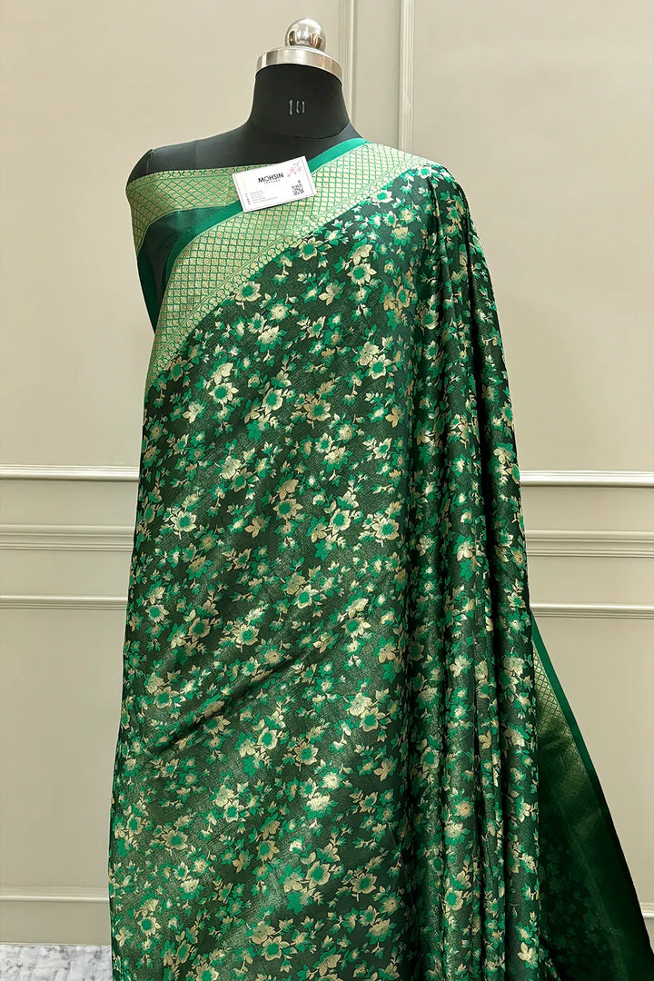 Bottle Green Jamawar Katan Silk Banarasi Saree