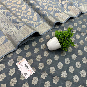 Grey Golden Zari Katan Silk Banarasi Suit