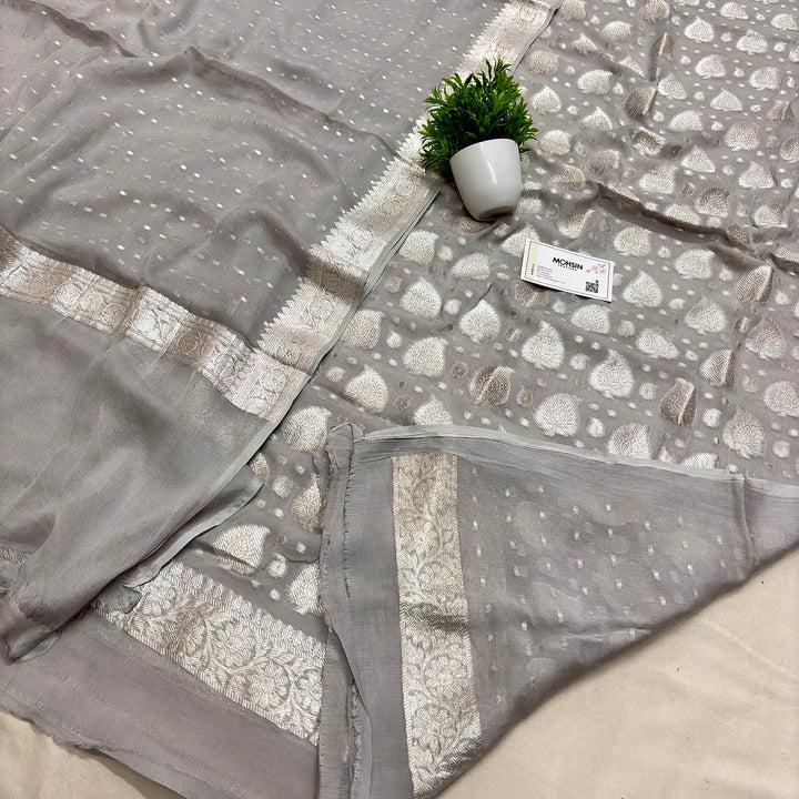 Grey Patta Handloom Georgette Silk Banarasi Suit