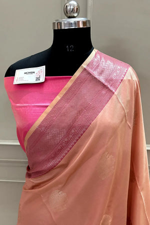 Light Peach and Pink Golden Zari Banarasi Silk Saree
