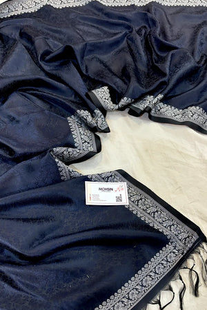 Navy Blue Resham Zari Silk Banarasi Stole