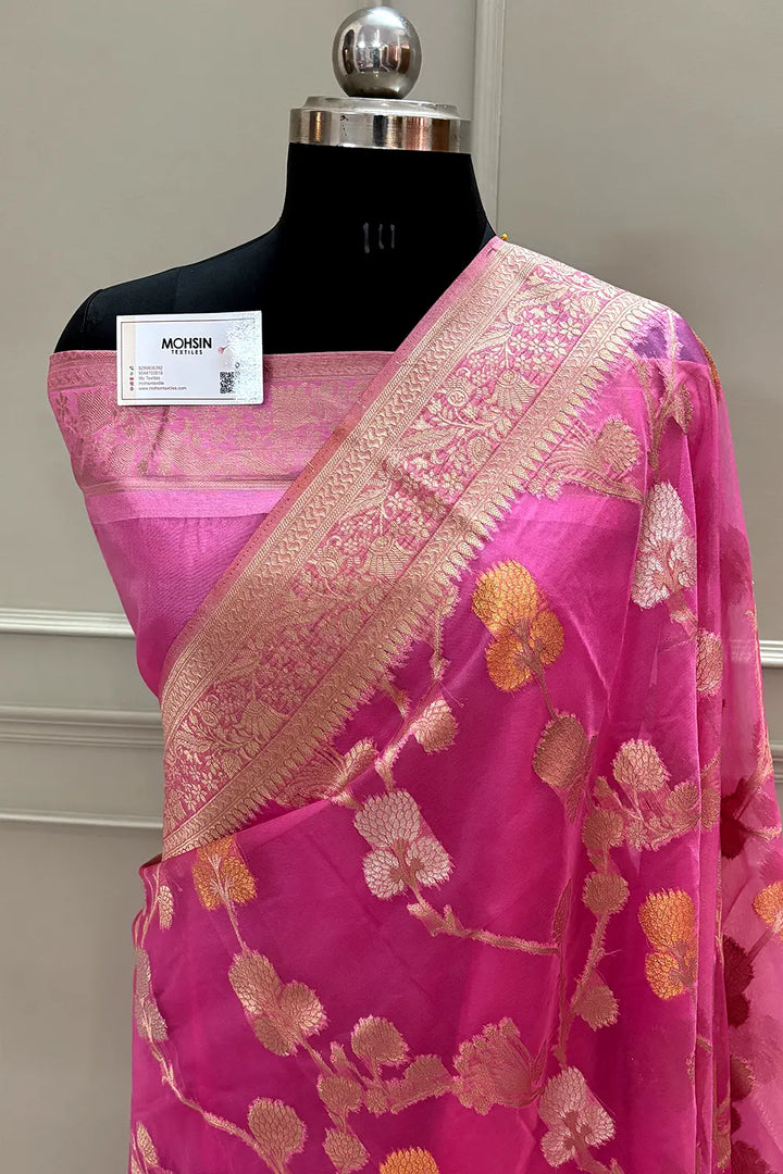 Pink Golden Zari Organza Silk Banarasi Saree