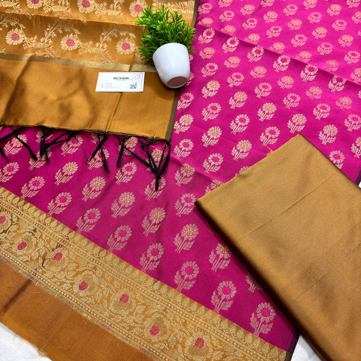 Pink and Mustard Contrass Satin Silk Banarasi Suit