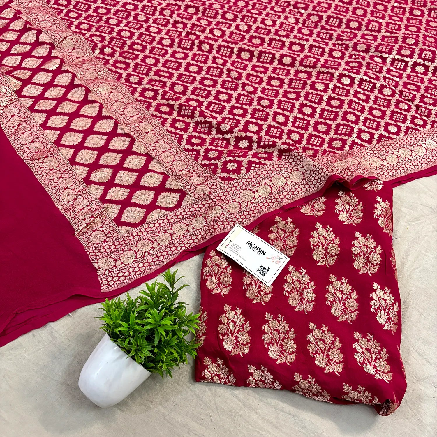 Pinkish Red Golden Zari Georgette Silk Banarasi Suit