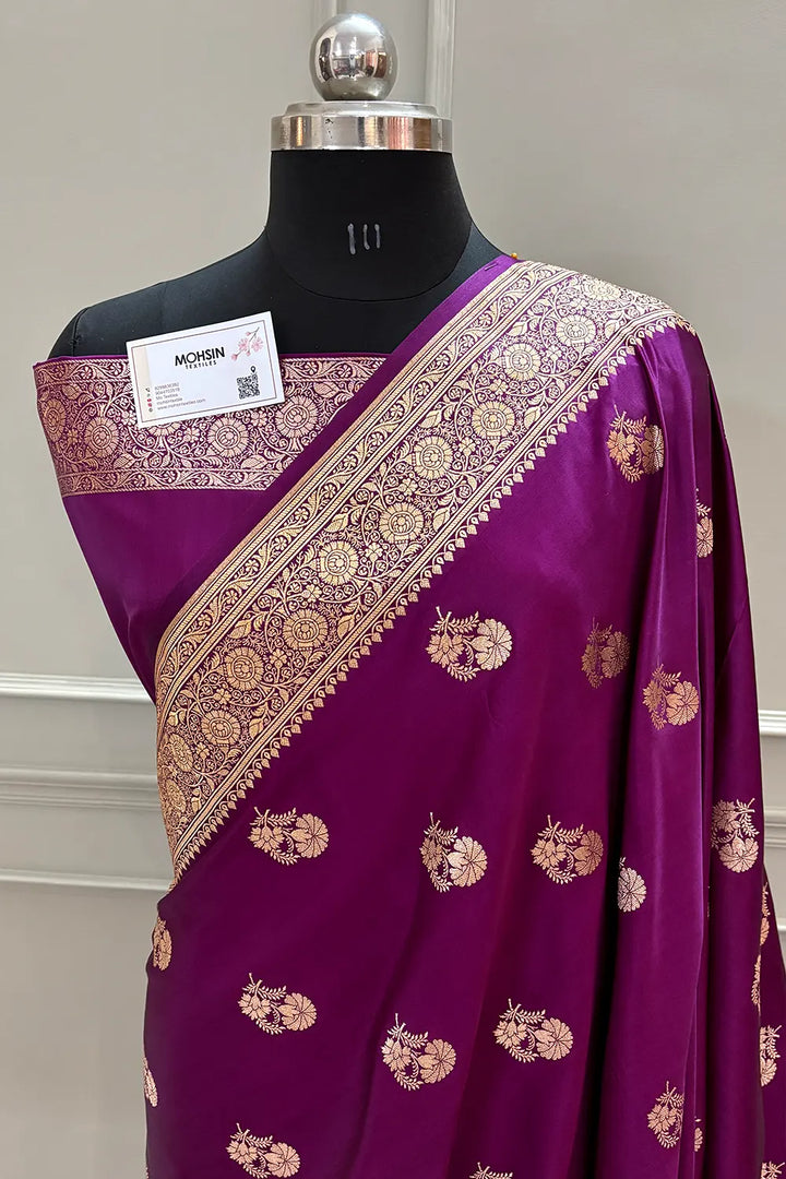 Purple Golden Flower Katan Silk Banarasi Saree